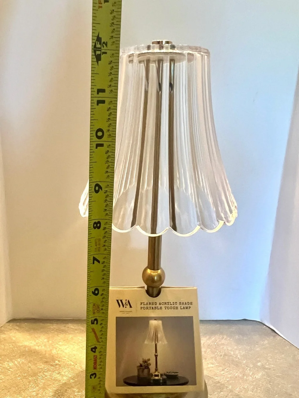 NEW W&A Home Decor Clear Acrylic Shade Rechargeable Touch Gold Table Lantern 12”